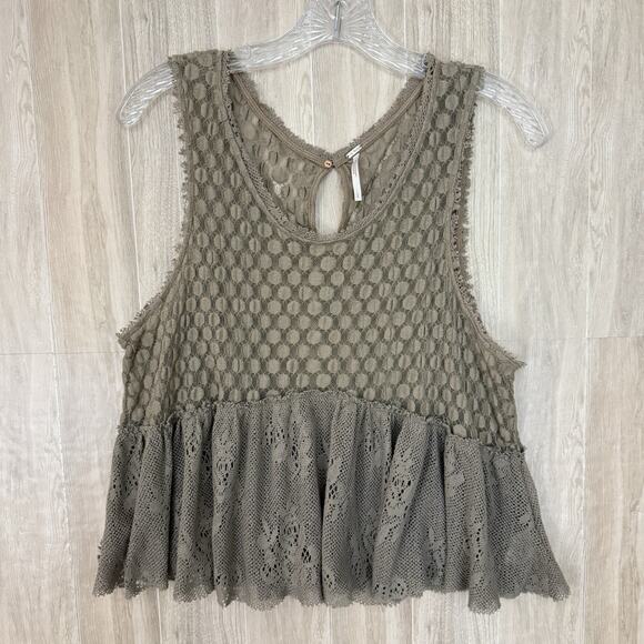 Free People Blouse Size Medium Varsity Lace Peplum Top Boho Chic Romantic Brown - Picture 2 of 14